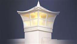 Classy_Caps_Outdoor_Solar_Fence_Deck_Light_Post_Cap_Interesting_Oriental_Asain_Asian_Chinese_Design_White_4x4_5x5_Ambience_SL092_Night